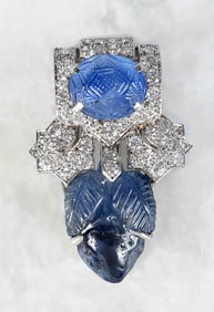 Platinum Cartier Carved Blue Sapphire and Diamond Dress Clip