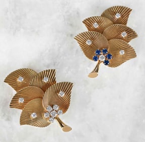 Two Cartier Stamped 14kt. Retro Diamond Brooches, One with Blue Sapphires