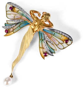 Masriera 18kt. Plique a Jour Diamond and Ruby Nymph Brooch