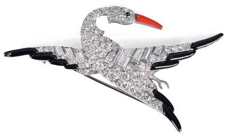 Art Deco Janesich Attributed Platinum, Diamond, and Enamel Crane Brooch