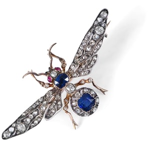 Victorian Sapphire, Diamond, and Ruby Insect Brooch