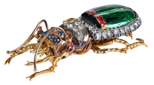 Vintage Enamel, Sapphire, and Diamond Beetle Brooch