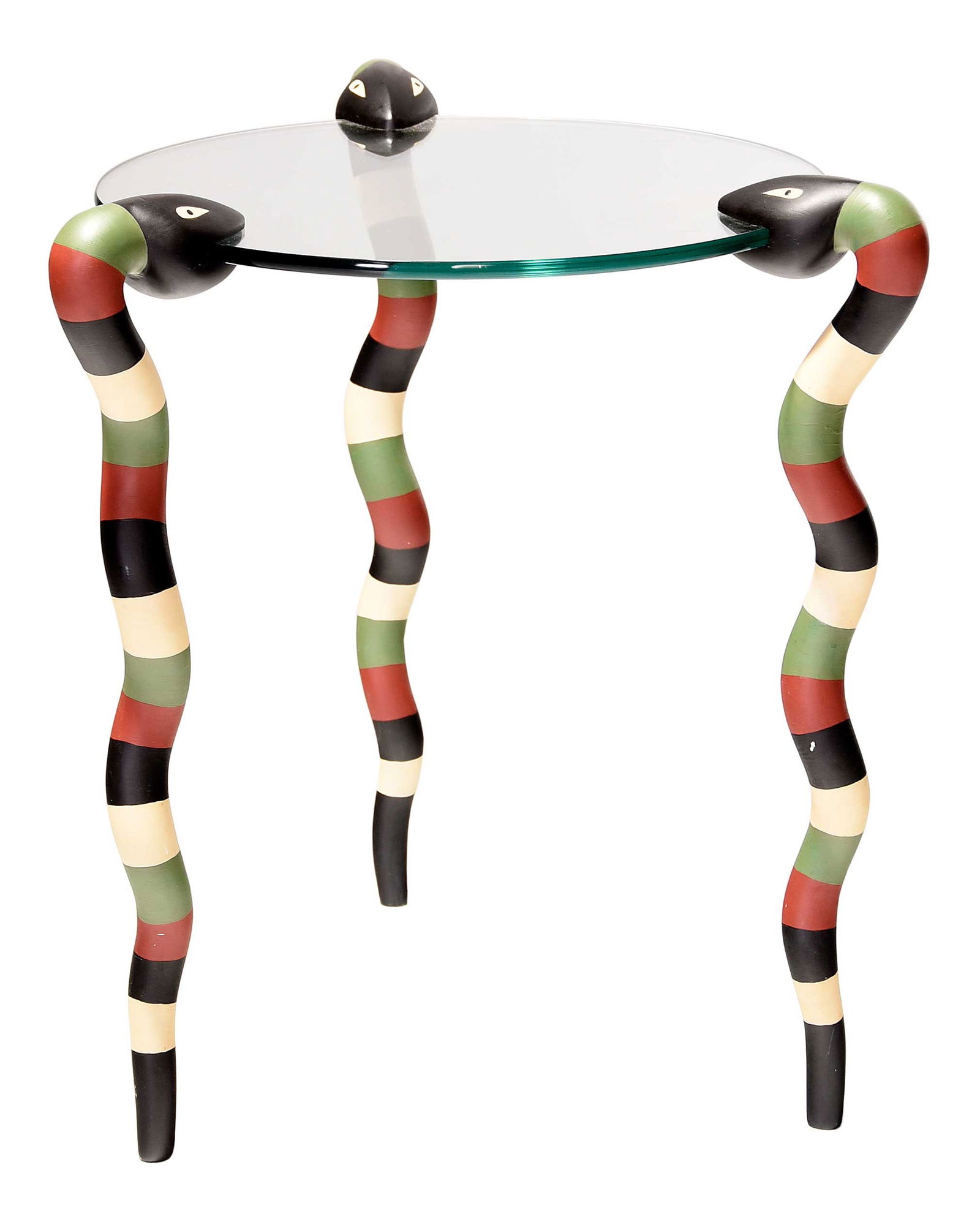 Judy McKie Carved and Painted Snake Table: (American, born 1944) signed "JKM 1986" base of one leg, carved and painted maple with glass top, 21 x 16 x 16 in. Provenance: Eve Mannes Gallery, purchased March 1987 (with copy of receipt); An Impor