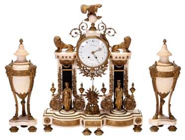 Louis XVI Marble and Bronze Mantel Clock Garniture