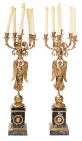 Pair French Variegated Marble and Gilt Bronze Figural Candelabra as Lamps