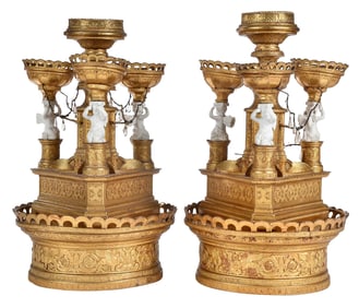 Pair of Ornate Gilt Papier Mache and Bisque Four Light Candelabra