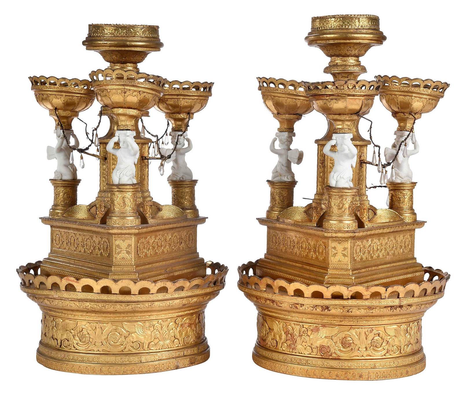 Pair of Ornate Gilt Papier Mache and Bisque Four Light Candelabra: Provenance: Private New York Collection French, late 19th/early 20th century, label on base for "Cambray/223 Rue Saint Martin, Paris", each 17 x 10-1/2 x 10-1/2 in.