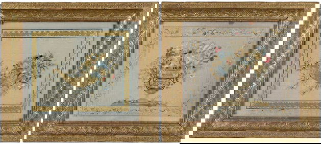 Pair of Framed Silk Needlework Still Life Pictures