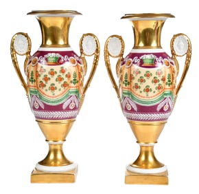 Pair of Gilt and Enamel Paris Porcelain Vases Attributed to Darte Freres