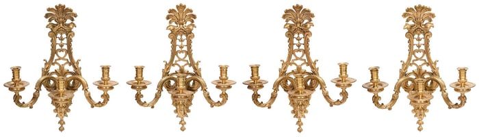 Two Pairs of Louis XIV Style Gilt Bronze Figural Three Light Wall Sconces, Henri Vian