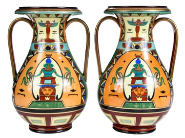 Pair of French Porcelain Double Handled Vases with Egyptian Motifs