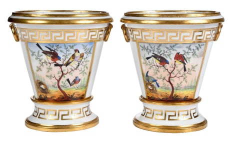 Pair of Painted and Gilt Decorated Porcelain Cachepots