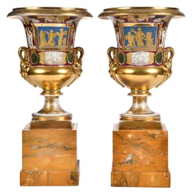 Pair of Gilt and Enamel Paris Porcelain Urns on Siena Marble Bases