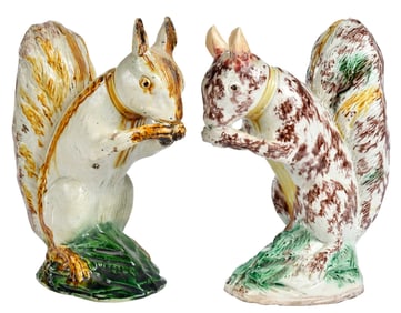 Two Rare Staffordshire Pottery Squirrels