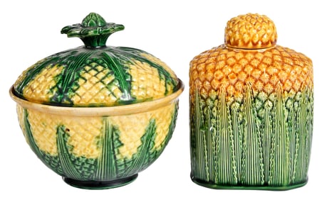 Staffordshire Lead Glazed Tea Caddy and Lidded Sugar Bowl