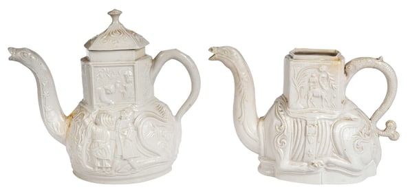 Two Staffordshire White Saltglazed Stoneware Camel Form Teapots