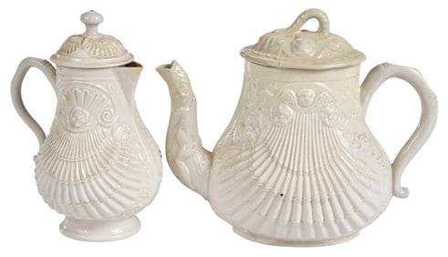 Staffordshire White Salt Glazed Pecten Shell Teapot and Creamer