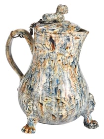 Staffordshire Agateware Lidded Creamer with Paw Feet