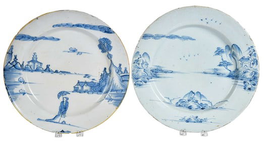 Two English Delft Blue and White Chargers with Chinoiserie Landscape Decoration