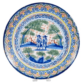 Rare English Delft Polychrome Charger, Landscape Centering Two Figures