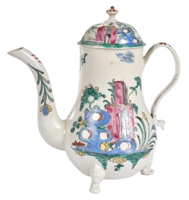 Staffordshire Salt Glazed Polychrome Chinoiserie Decorated Footed Coffee Pot