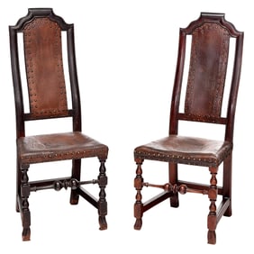 Very Fine and Rare Pair of William and Mary Leatherback Crook'd Back Chairs
