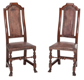 Very Fine Pair of Boston William and Mary Leather Back Side Chairs