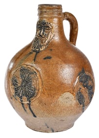 German Salt Glazed Stoneware Bellarmine Jug with Cobalt Splashes