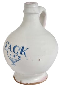 English Delft Blue and White Wine Bottle, Sack 1648