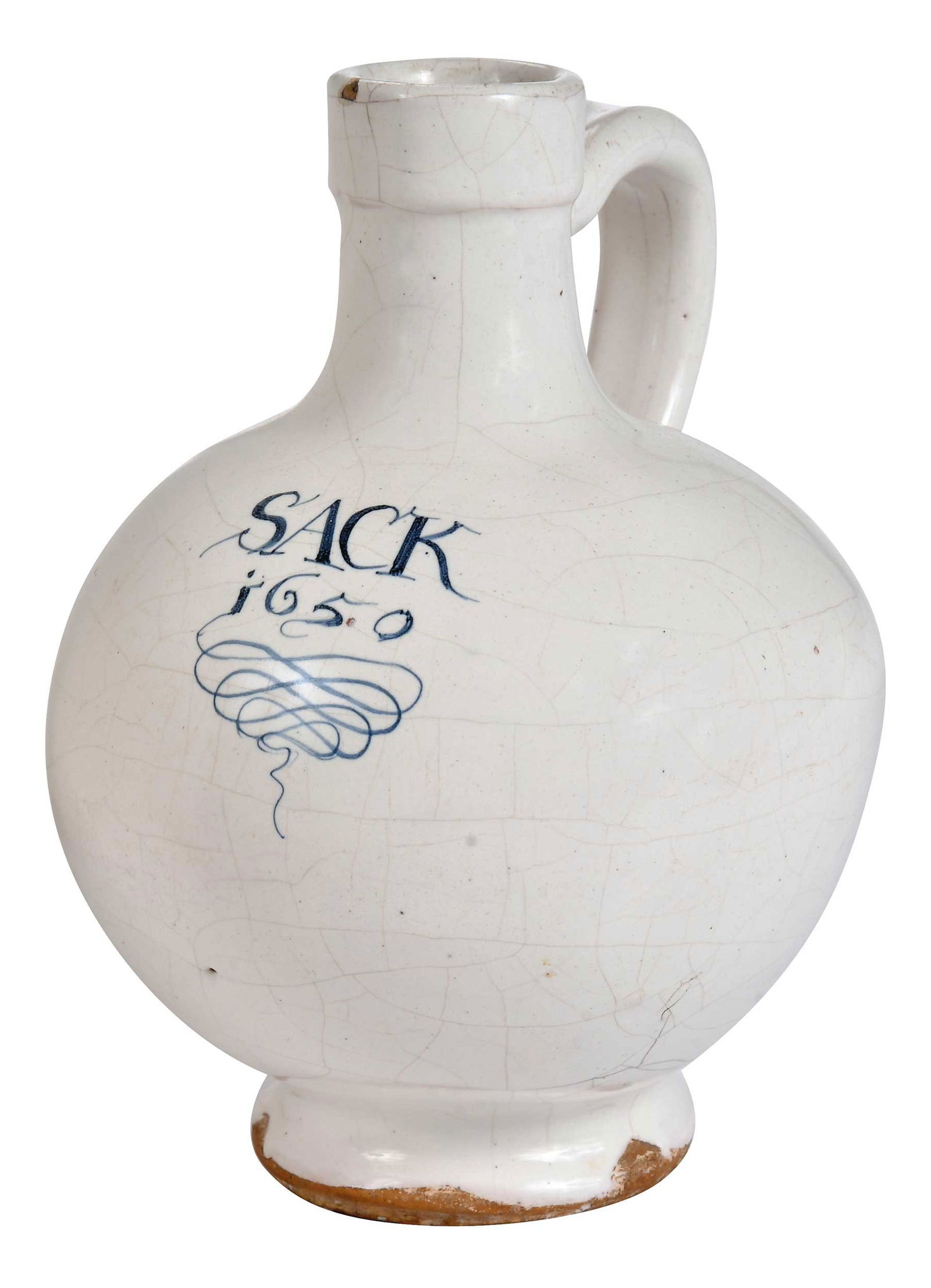 English Delft Blue and White Wine Bottle, Sack 1650: the body inscribed in underglazed blue, with loop handle, 7-3/4 x 6 x 6 in. Provenance: Anthony Werneke; Tonnesen Collection, New Hampshire Literature: Similar examples are pictured in Dated English D