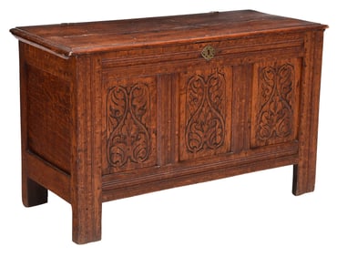 Rare Clark Family Pilgrim Century Carved Joined Chest, Attributed to John Thurston