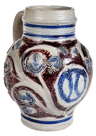 Rare Westerwald Salt Glazed William & Mary Portrait Jug, Dated 1691