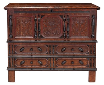 Rare Pilgrim Century Carved and Painted Sunflower Chest