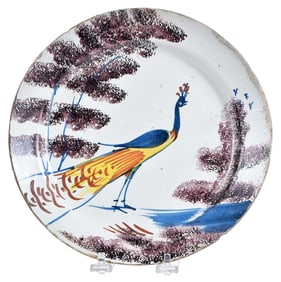 English Delft Polychrome Peacock Plate