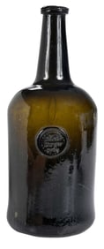 18th Century Signed and Dated Olive Glass Seal Bottle