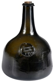 18th Century Signed and Dated Olive Glass Seal Bottle