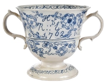 Staffordshire Scratch Blue Two-Handled Loving Cup, dated 1762