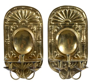 Pair of Dutch Three Light Brass Repousse Wall Sconces