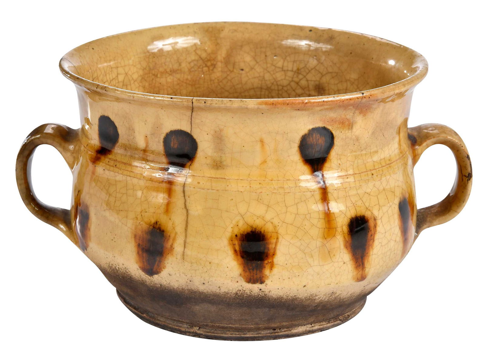 English Slipware Double Handled Posset Cup: 18th century, cream ground with dark brown dotted decoration, 4-3/4 x 9-1/4 x 7-1/2 in. Provenance: Hollis E. Brodrick of Portsmouth, New Hampshire, August 2016; Tonnesen Collection, New Hampshire Lit