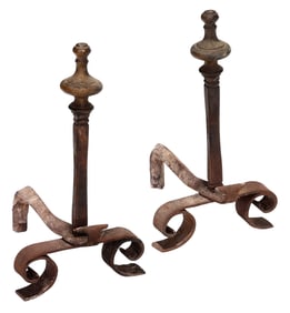 Scarce Pair of William & Mary Diminutive Brass and Iron Andirons