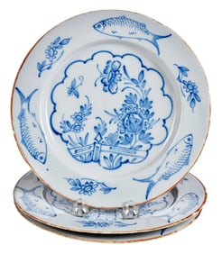 Three English Delft Blue and White Chinoiserie Fish Plates