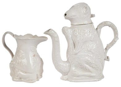 Staffordshire White Salt Glazed Squirrel Form Teapot and Goat Creamer