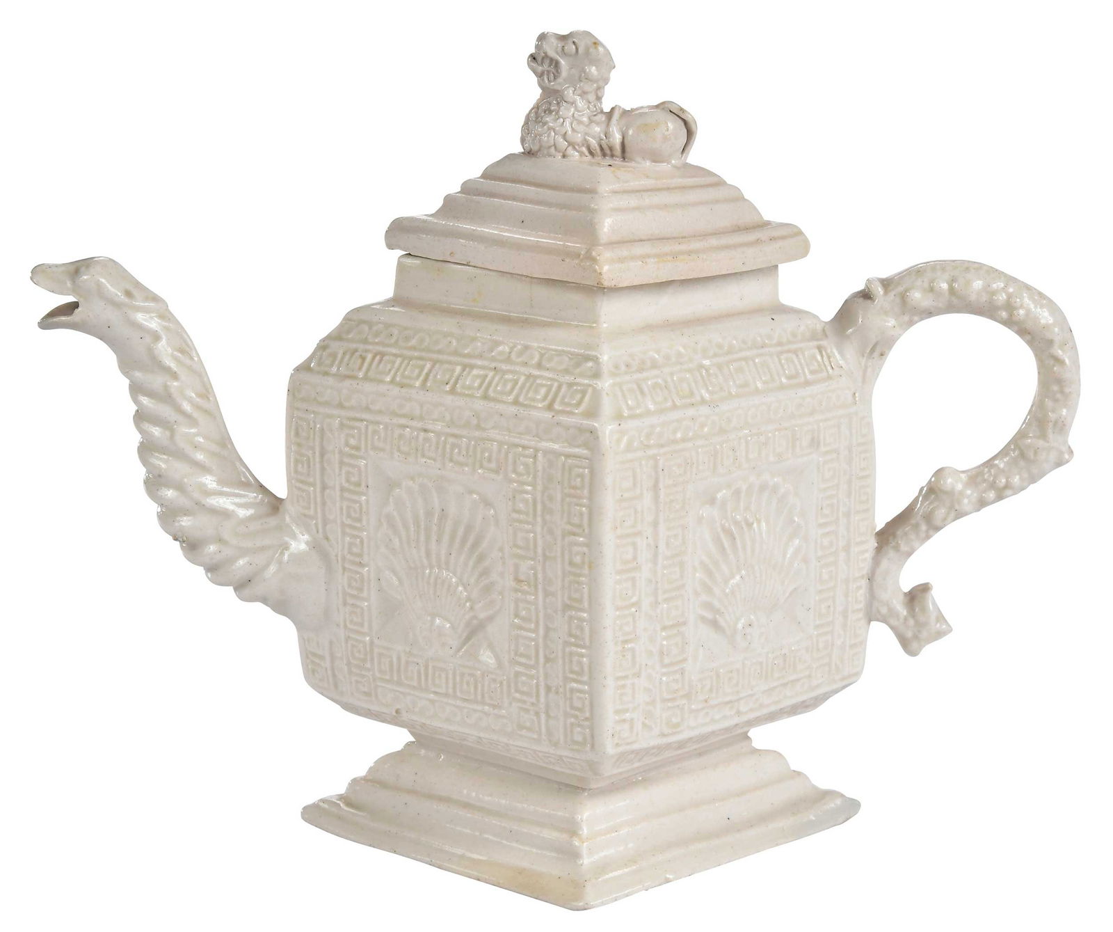 Staffordshire White Salt Glazed Lozenge Form Teapot: English, 18th century, pecten shell and Greek key motif, sea serpent spout, 6-1/8 x 7-1/4 x 3-1/4 in. Provenance: Helen McGehee Antiques; sold Skinner, sale 2183, January 25-16, 2003, lot 205; Hollis