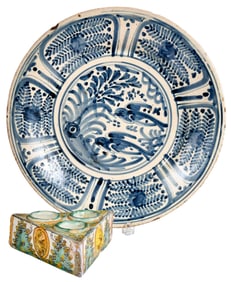 Spanish Kraak Ware Style Charger and Polychrome Triangular Spicer