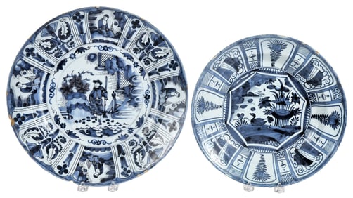 Two Dutch Delft Blue and White Kraak Ware Chargers