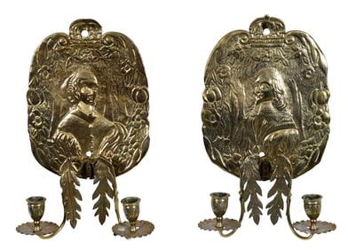 Pair of Brass Repousse Two Light Wall Sconces, King Charles I and Henrietta Maria