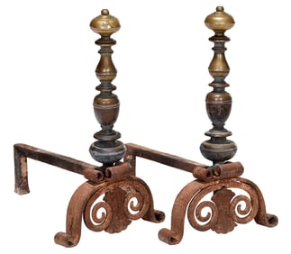 Fine Pair of William and Mary Brass and Wrought Iron Andirons in Old Surface