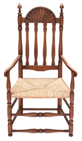 Rare New Hampshire William and Mary Banister Back Armchair with Fan Carved Crest