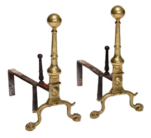 Fine Pair of Chippendale Brass and Iron Andirons with Log Stops