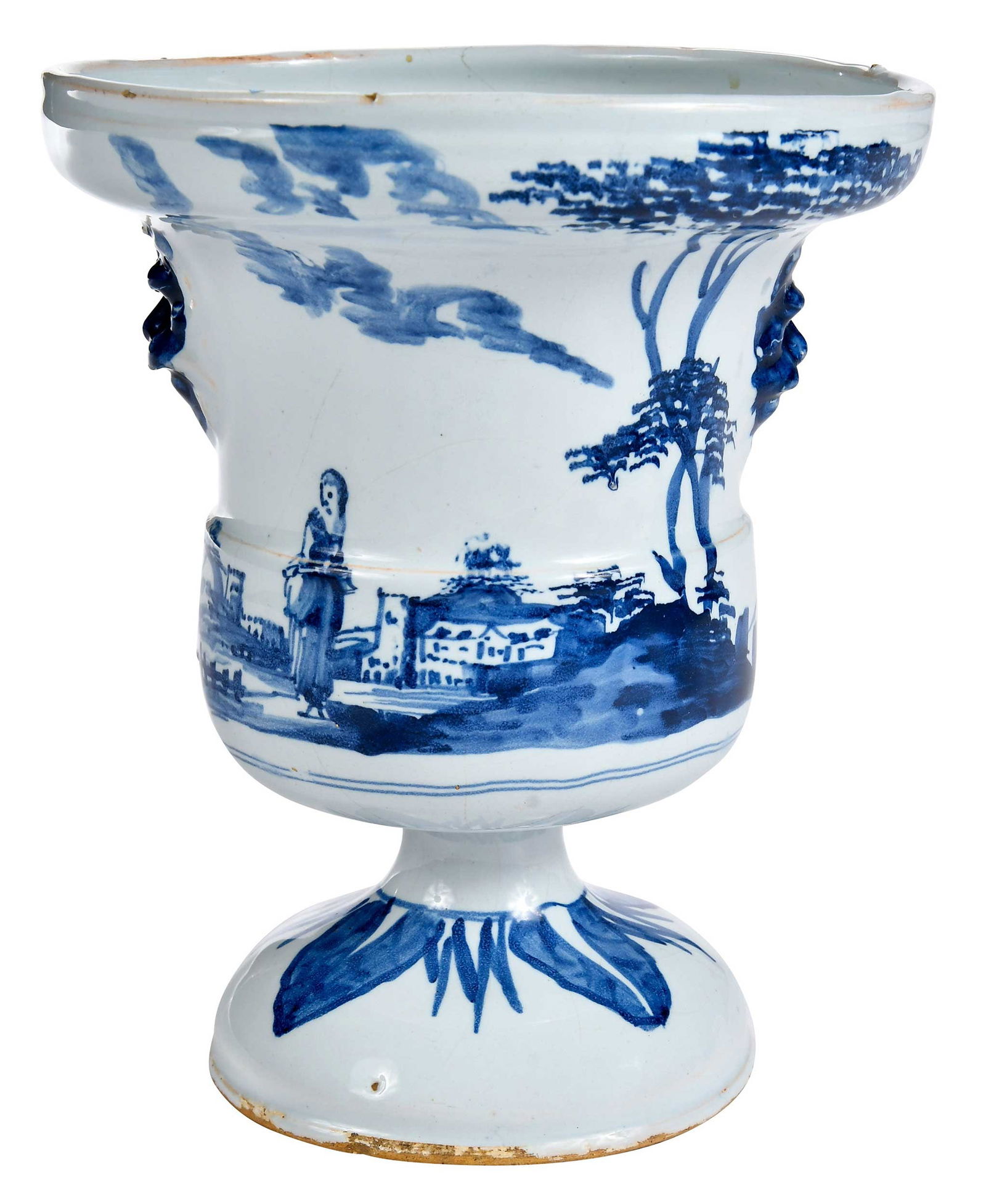 English Delft Blue and White Campagna Vase: 18th century, molded lion mask handles, 7-1/8 x 5-7/8 x 5-7/8 in. Provenance: ex. Coombes Collection; Hollis E. Brodrick, Portsmouth, New Hampshire, August 2000; Skinner, sale 2888B, The Chappell Coll